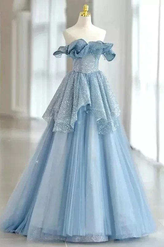 textured dressLight Sky Blue Off The Shoulder Tulle Prom Dress, Sparkly Long Party Gown Y3082