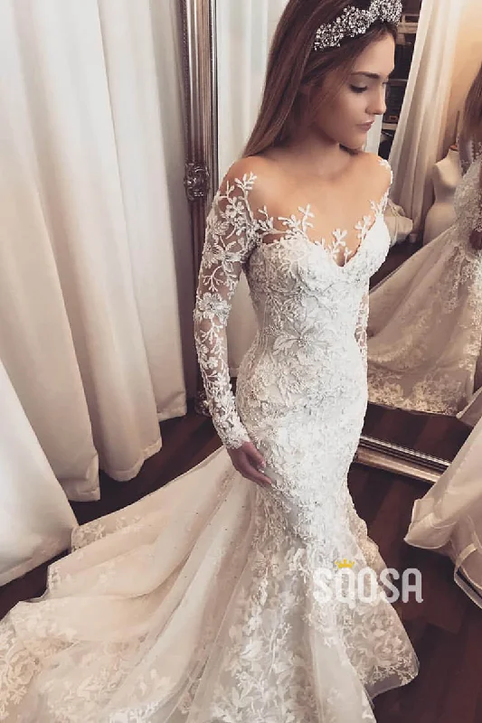 tiered dressUnique Illusion Neckline Long Sleeves Luxury Lace Wedding Dress Mermaid Gown QW2506