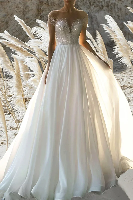 elegant shift dressBeach Formal Wedding Dress A line Short Sleeves Beading Summer Bridal Gown QW2387