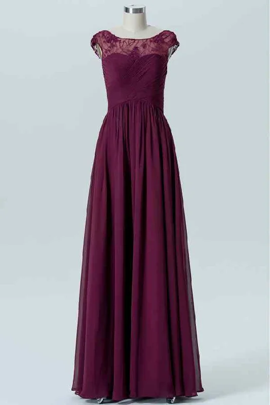 casual summer dressRaspberry A-line Lace Illusion Cap Sleeves Pleated Chiffon Long Bridesmaid Dress