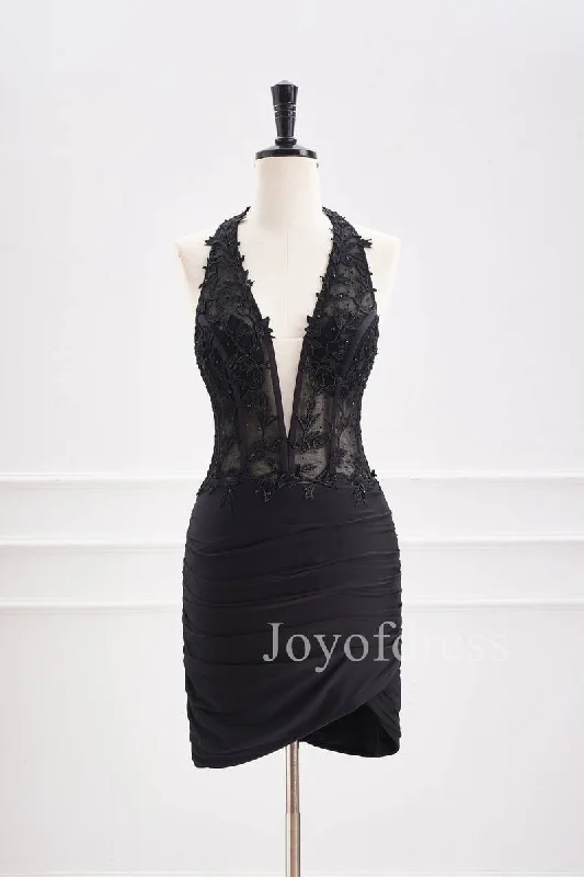 party-ready dressHalter Black Appliques Ruched Bodycon Homecoming Dress