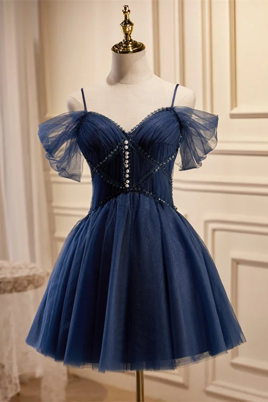 denim dressNavy Blue Off-the-Shoulder Beaded Pleated Homecoming Dress