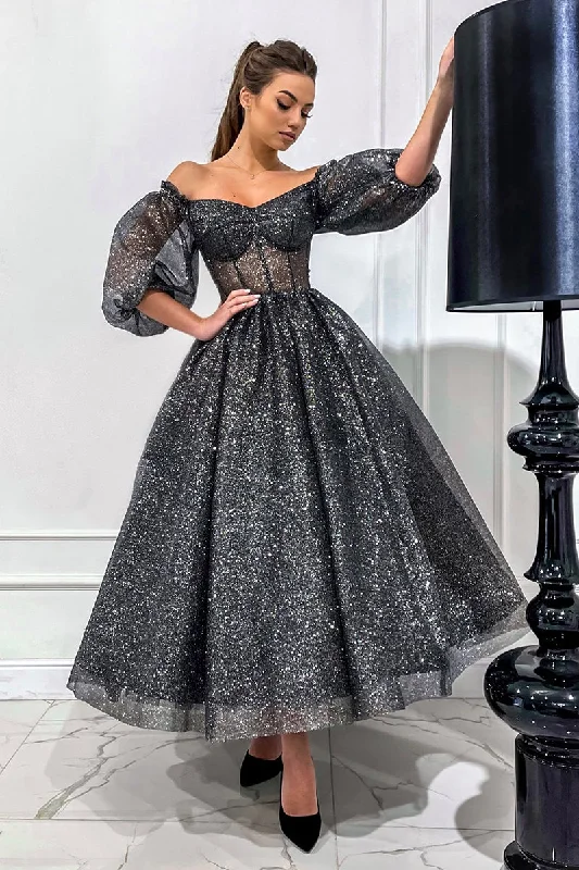 party-ready dressOff the Shoulder Half Sleeves Black Sparkly Prom Pageant Dress QP0837