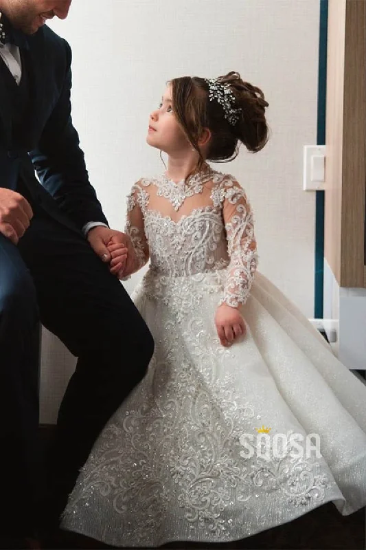 backless dressJewle Neckline Illusion Long Sleeves Appliques with Beadings Ball Gown Flower Girl Dress QF0827