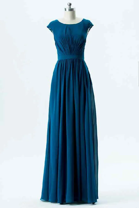 cocktail dressDark Blue A-line Jewel Cap Sleeves Pleated Chiffon Long Bridesmaid Dress