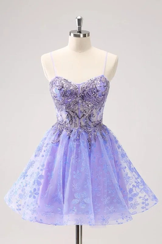 chic shift dressSparkly Lilac Floral A Line Corset Short Homecoming Dress