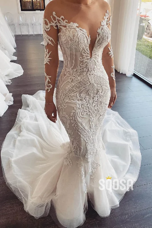 floral dressUnique Illusion Neckline Luxury Lace Appliques Mermaid Wedding Dress QW2487