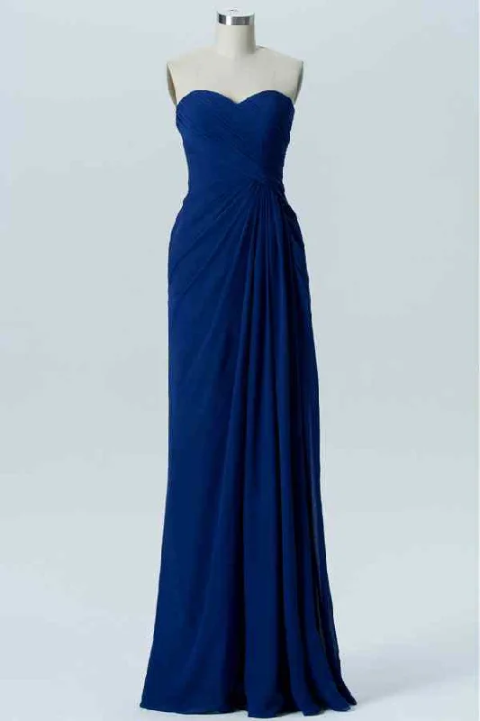 casual midi dressRoyal Blue A-line Strapless Chiffon Pleated Long Bridesmaid Dress