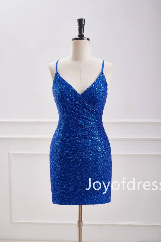 sophisticated dressV-Neck Royal Blue Sequin Ruched Mini Dress