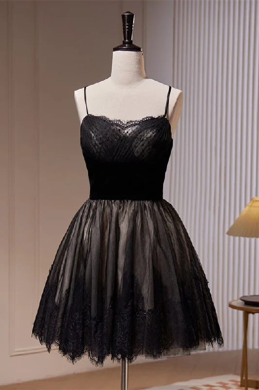 chic wrap dressBlack Lace Pleated Straps Tulle Homecoming Dress