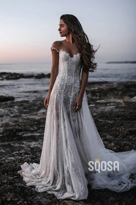 elegant evening dressA-line Illusion Neckline Lace Bohemian Wedding Dress QW2321