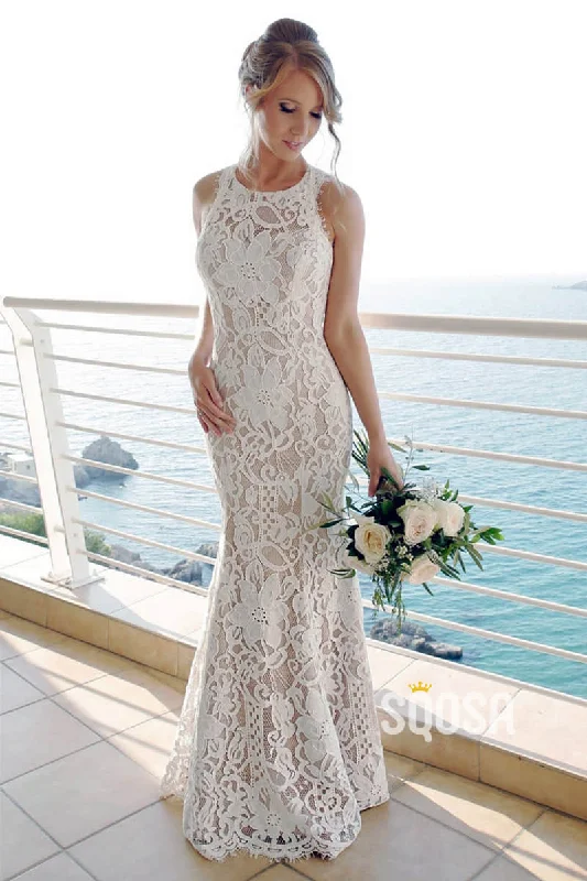 casual summer dressUnique Bateau Neckline Lace Mermaid Wedding Dress QW2452