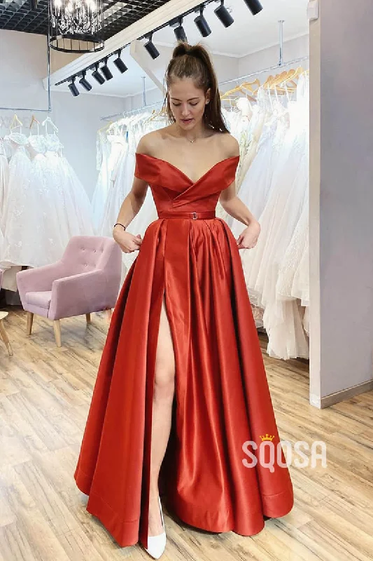 stylish dressOff-the-Shoulder A-Line Satin Spalit Long Prom Dress with Pockets QP1087