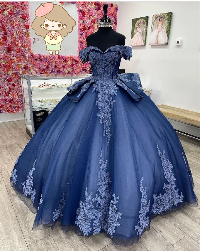 flowy maxi dressNavy Off The Shoulder Tulle Lace Quinceanera Dress,Navy Blue Ball Gown Sweet 15 Dress  Y2985