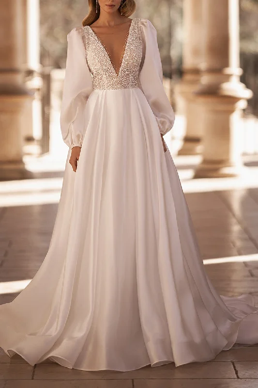 luxury dressA Line Illusion V Neck Luxury Pearls Long Sleeves Rustic Wedding Dress QW0856