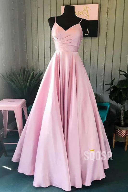 flowy maxi dressA-Line Spaghetti Straps V Neck Pink Satin Long Prom Dress QP0841