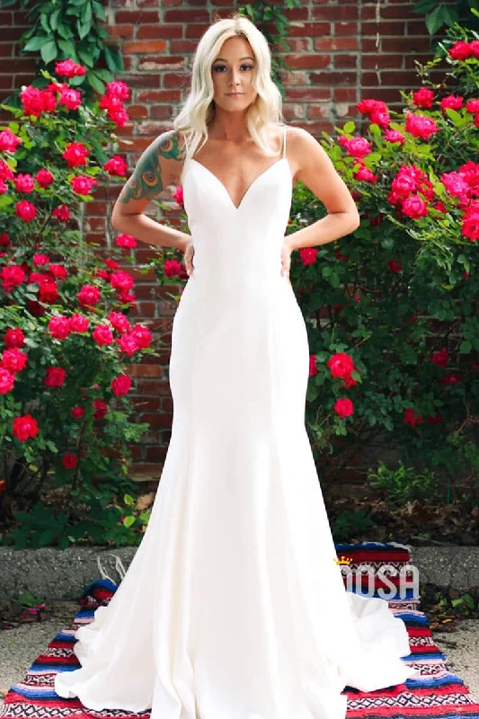 v-neck dressSexy V-neck Spaghetti Straps Simple Mermaid Wedding Dress QW2372