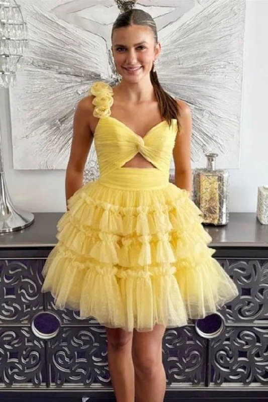 off-shoulder dressOne Shoulder Yellow Ruffles Tiered Short Dress