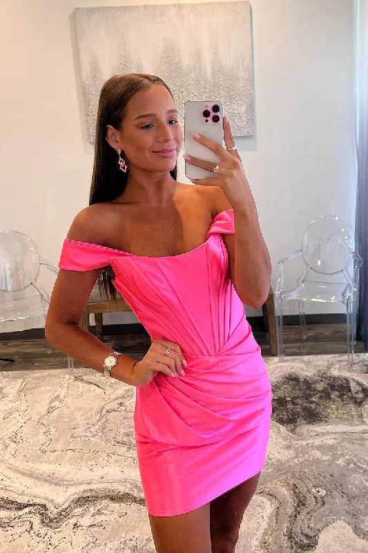 winter dressSheath/Column Off Shoulder Satin Pleats Pink Cute Homecoming Dress Short Graduation Dress QH2464