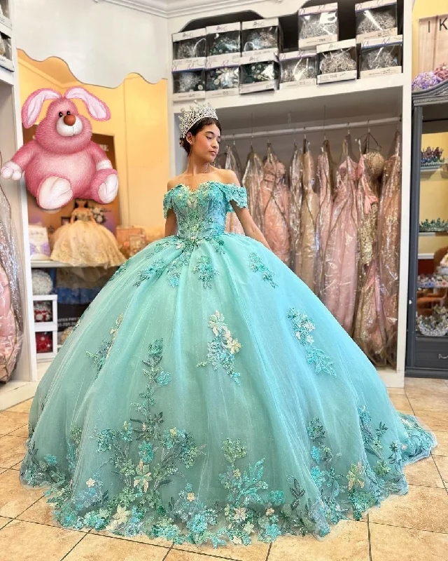 off-the-shoulder dressPuffy Quinceanera Dresses Ball Gown Off The Shoulder Appliques Flowers Mexican Sweet 16 Dresses Y2634