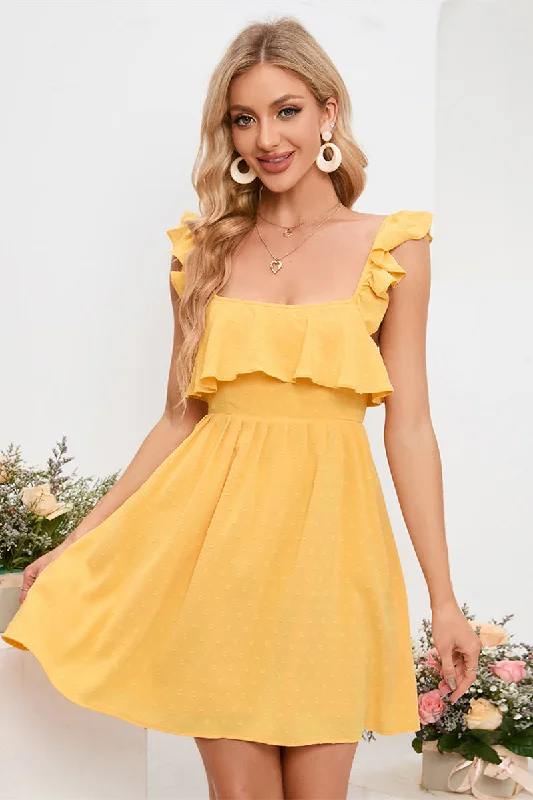 stylish dressYellow Flutter Sleeves Square Neck Bow Tie Homecoming Dress