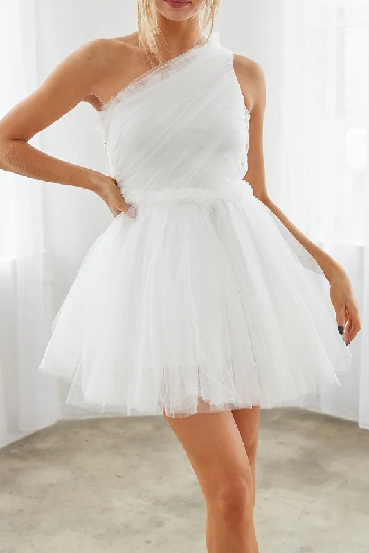 ruffle dressA Line One Shoulder Tulle Short Homecoming Party Dress QH2358