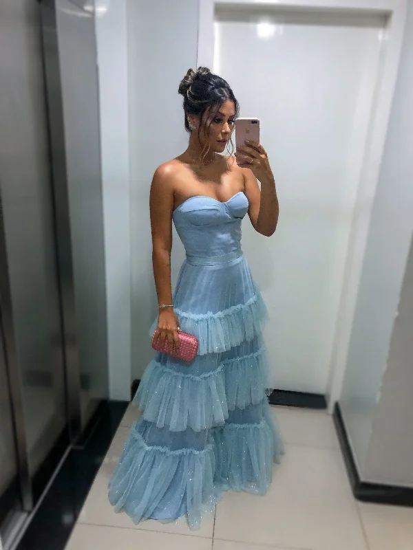 casual summer dressCharming Blue Sweetheart Neckline Tulle Layered Prom Dress Formal Gown Y2756