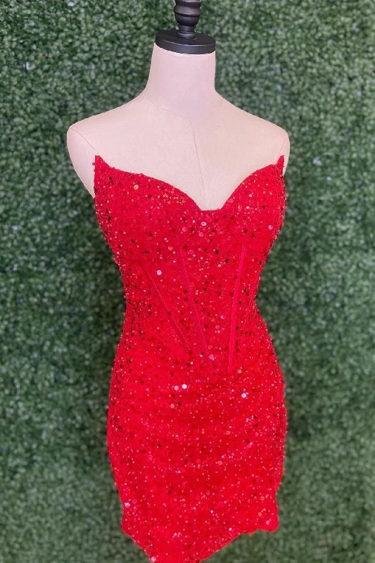 summer dressRed Strapless Sheath Sequins Homecoming Dress