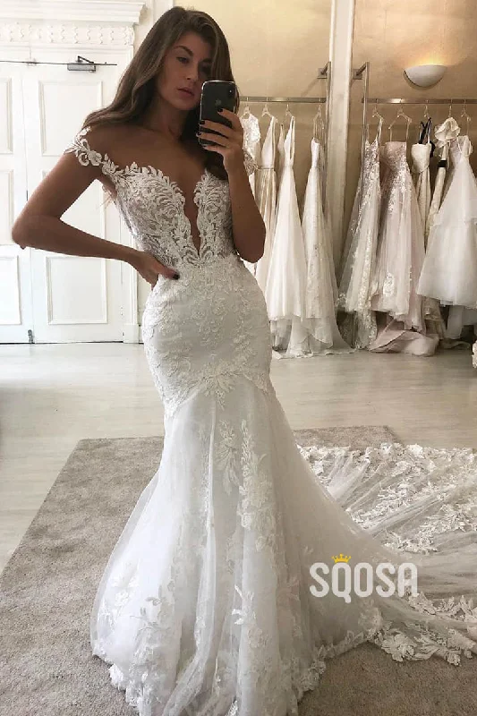 boho dressIllusion Cap Sleeves Mermaid Wedding Dress Lace Wedding Gowns QW0950