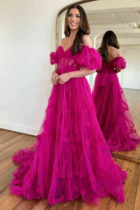 sophisticated dressPrincess Off-Shoulder Ruffle Long Prom Dress with Balloon Sleeves Y3061