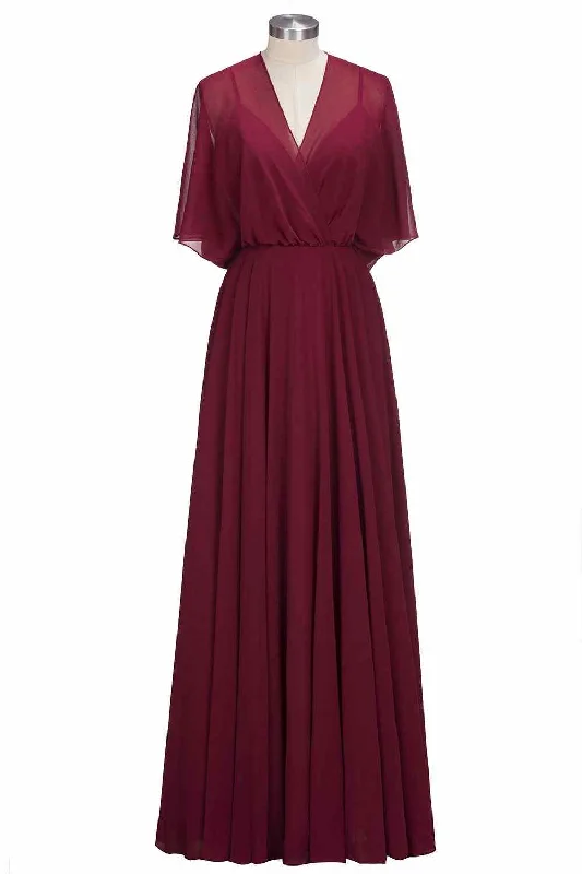 one-shoulder dressBurgundy A-line V Neck Bow Tie Back Chiffon Crepe Long Bridesmaid Dress