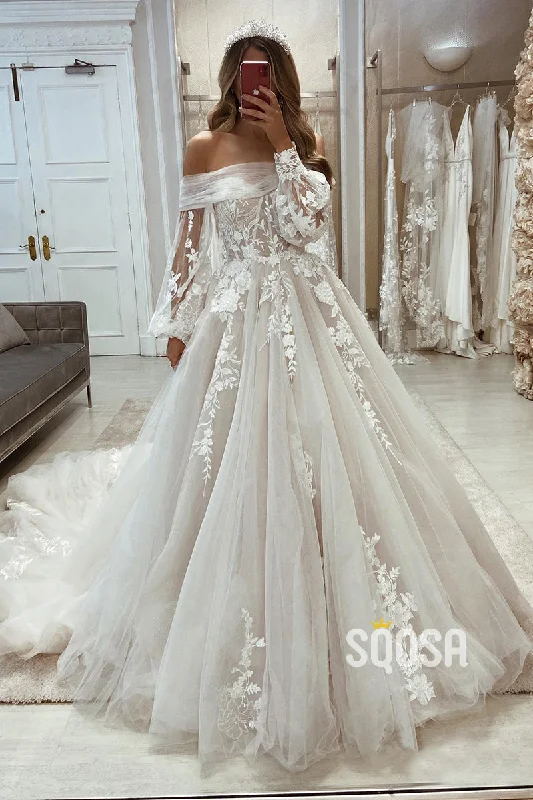 minimalistic dressOff the Shoulder Lace Appliques Long Sleeves A-line Wedding Dress QW2406