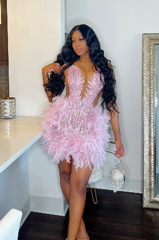 long sleeve dressIllusion Deep V Neck Beads Feather Pink Homecoming Dress for Black Women QH2512