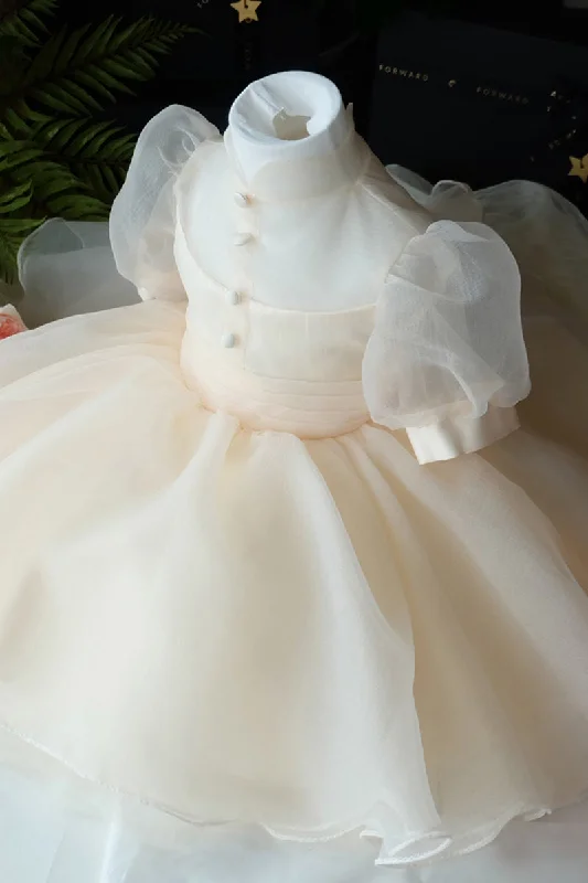 pleated dressUnique High Neckline Soft Tulle Short Sleeves Flower Girl Dress Champagne First Communion Dress QF1031