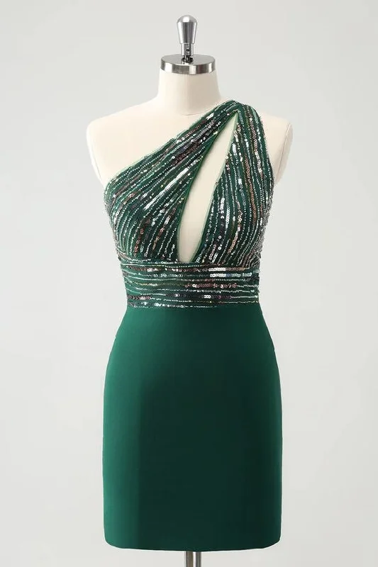 spaghetti strap dressSparkly Dark Green Bodycon One Shoulder Pleated Short Homecoming Dress with Sequins