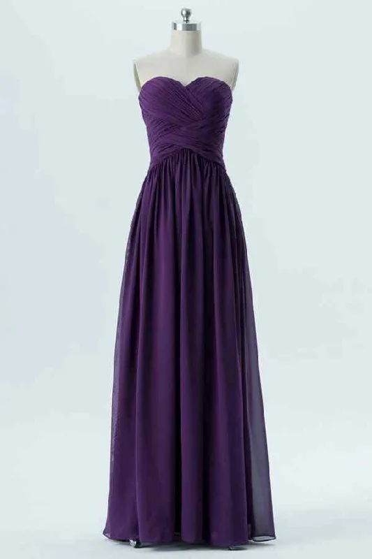 elegant evening dressGrape A-line Strapless Pleated Chiffon Long Bridesmaid Dress