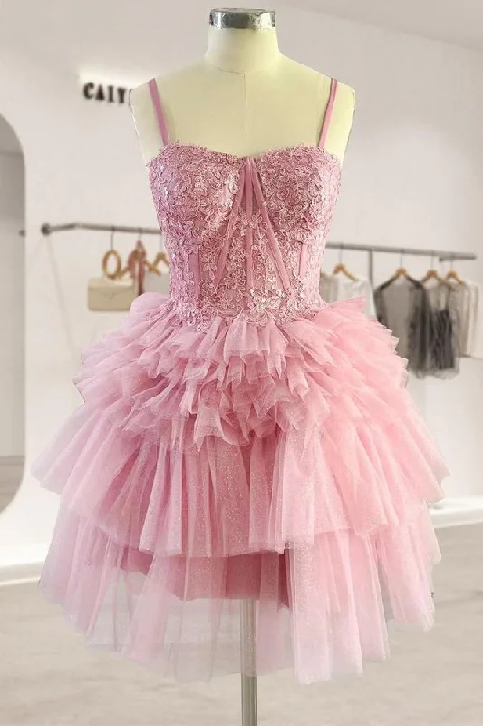 cocktail dressBlush Appliques Tiered Ruffle Short Homecoming Dress