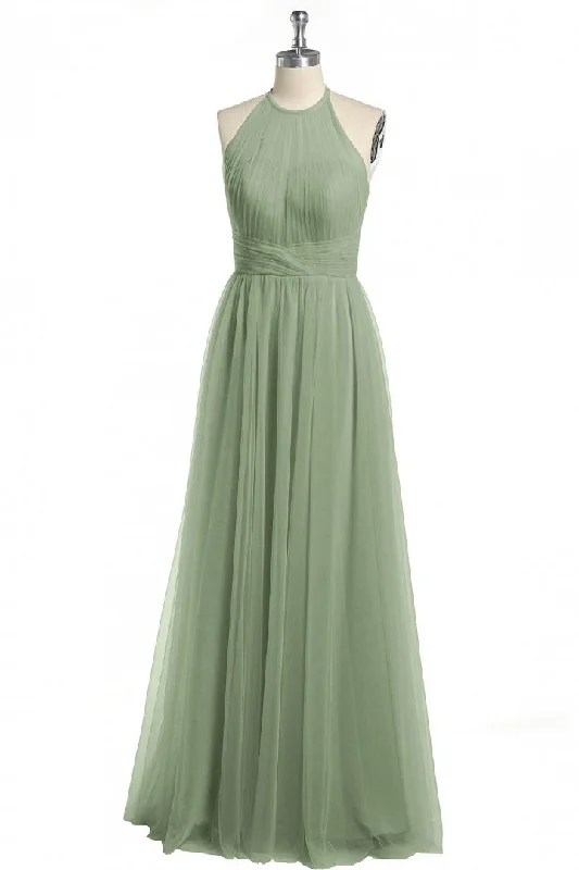 vintage-inspired dressDusty Sage A-line Halter Tulle Long Bridesmaid Dress