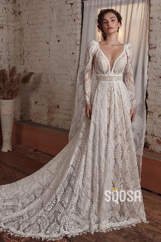 lace-up dressPlunging V-Neck Long Sleeves Romantic Lace Bohemain Wedding Dress Bridal Gown QW2136