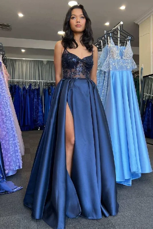 casual summer dressNavy Satin Lace V-Neck A-Line Long Prom Dress with Slit Y4024