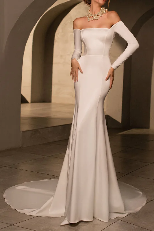 textured dressTrendy Strapless Long Sleeves Simple Satin Mermaid Wedding Dress QW0935