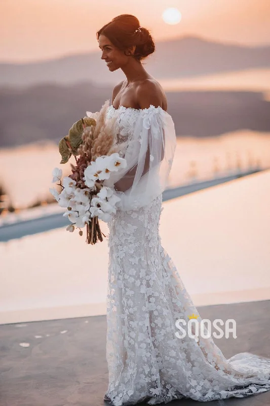 trendy wrap dressLuxury Lace Bohemian Wedding Dress Off Shoulder Long Sleeves Bridal Gown QW0918