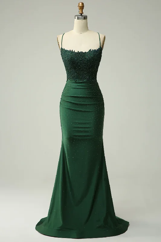 casual midi dressMermaid Halter Dark Green Long Prom Dress with Appliques Beading Y2989