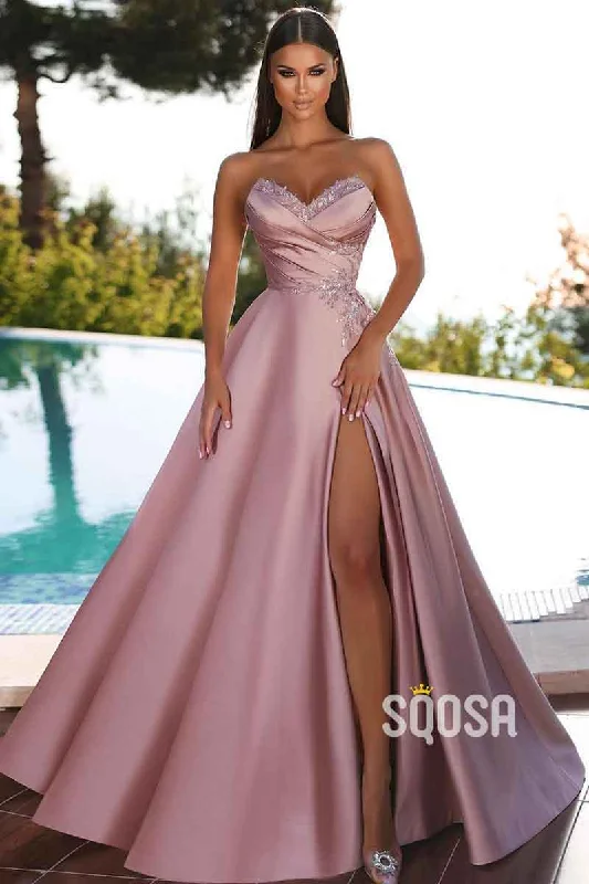 office dressA Line V neck Satin Appliques Elegant Long Prom Party Dress with Slit QP1396