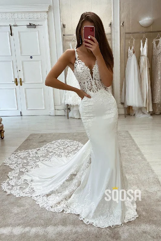 fitted bodycon dressAttractive V-neck Ivory Lace Wedding Dress Mermaid Gown with Court Train QW2591