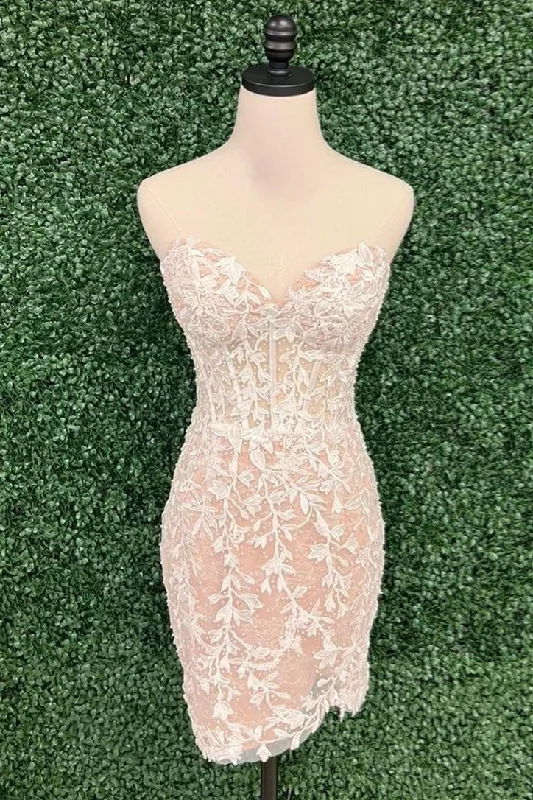 evening dressBlush Pink Strapless Sheath Appliques Tulle Homecoming Dress