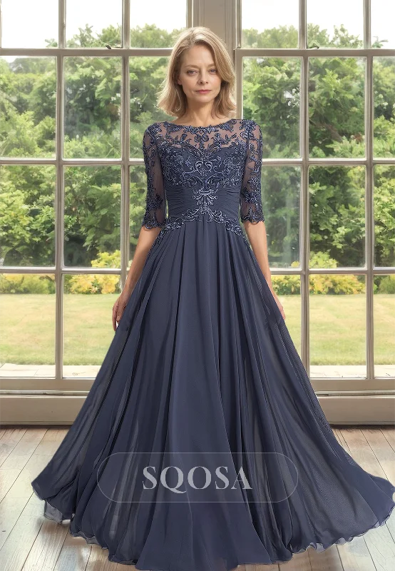 comfy maxi dressScoop-Neck Half-Sleeves Tulle A-Line Mother of the Bride Dress Pleated Applique Cutout Cocktail Gowns