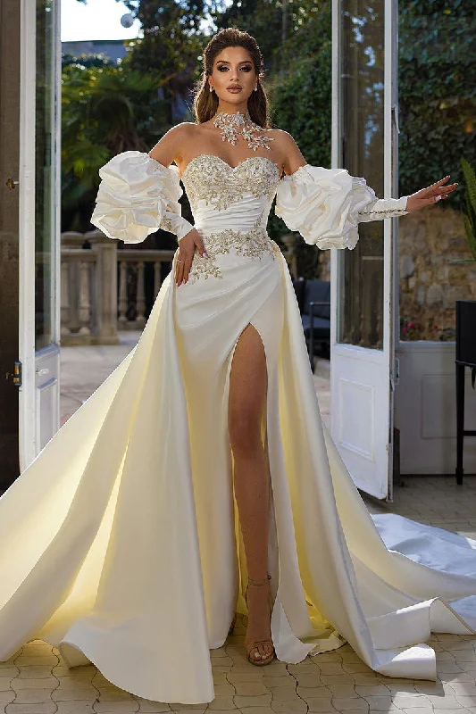 spaghetti strap dressSheath Lace Appliques Satin Pleats Long Sleeves Wedding Dress QW0941