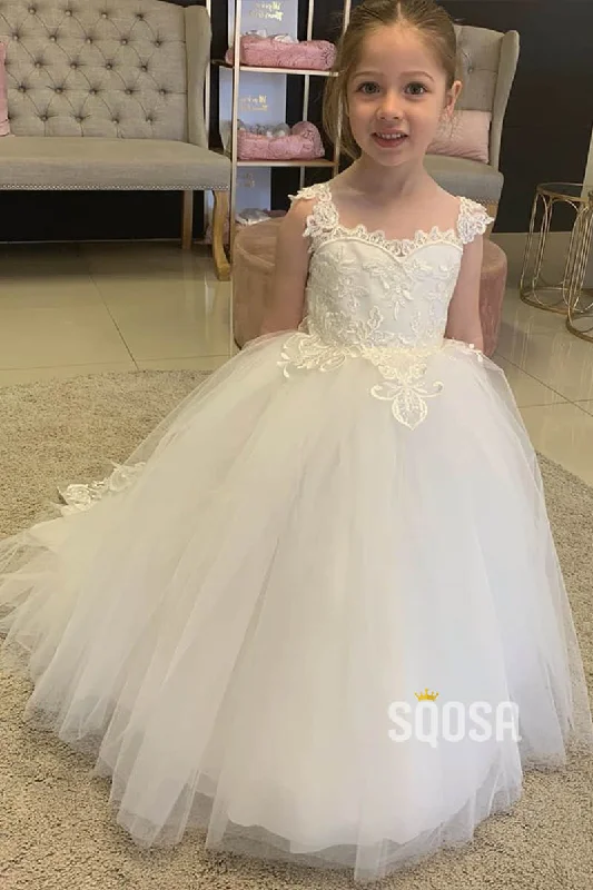 draped dressSweet Tulle Appliques Ball Gown Cute Flower Girl Dress Bow Back QF0822