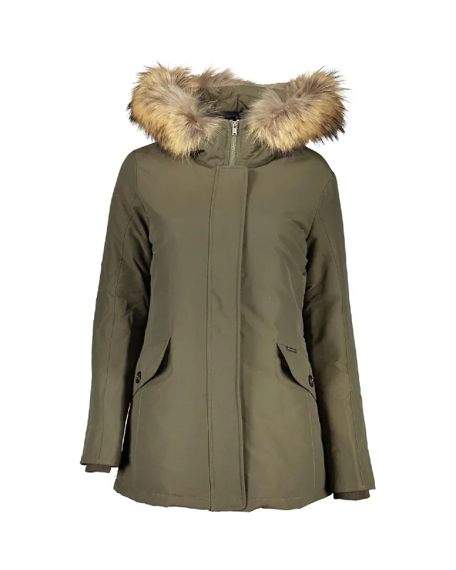 windproof jacketWoolrich Long-Sleeved Hooded Jacket with Removable Fur and Logo